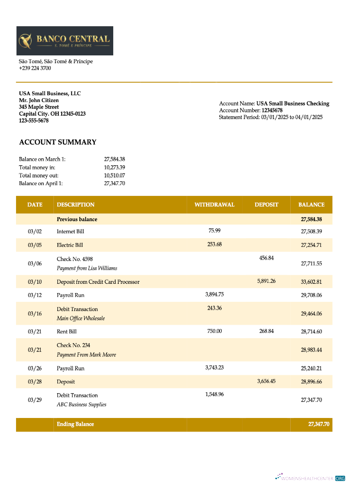 Sao Tome and Principe Banco Central de S.Tome e Principe firm account statement Word and PDF template